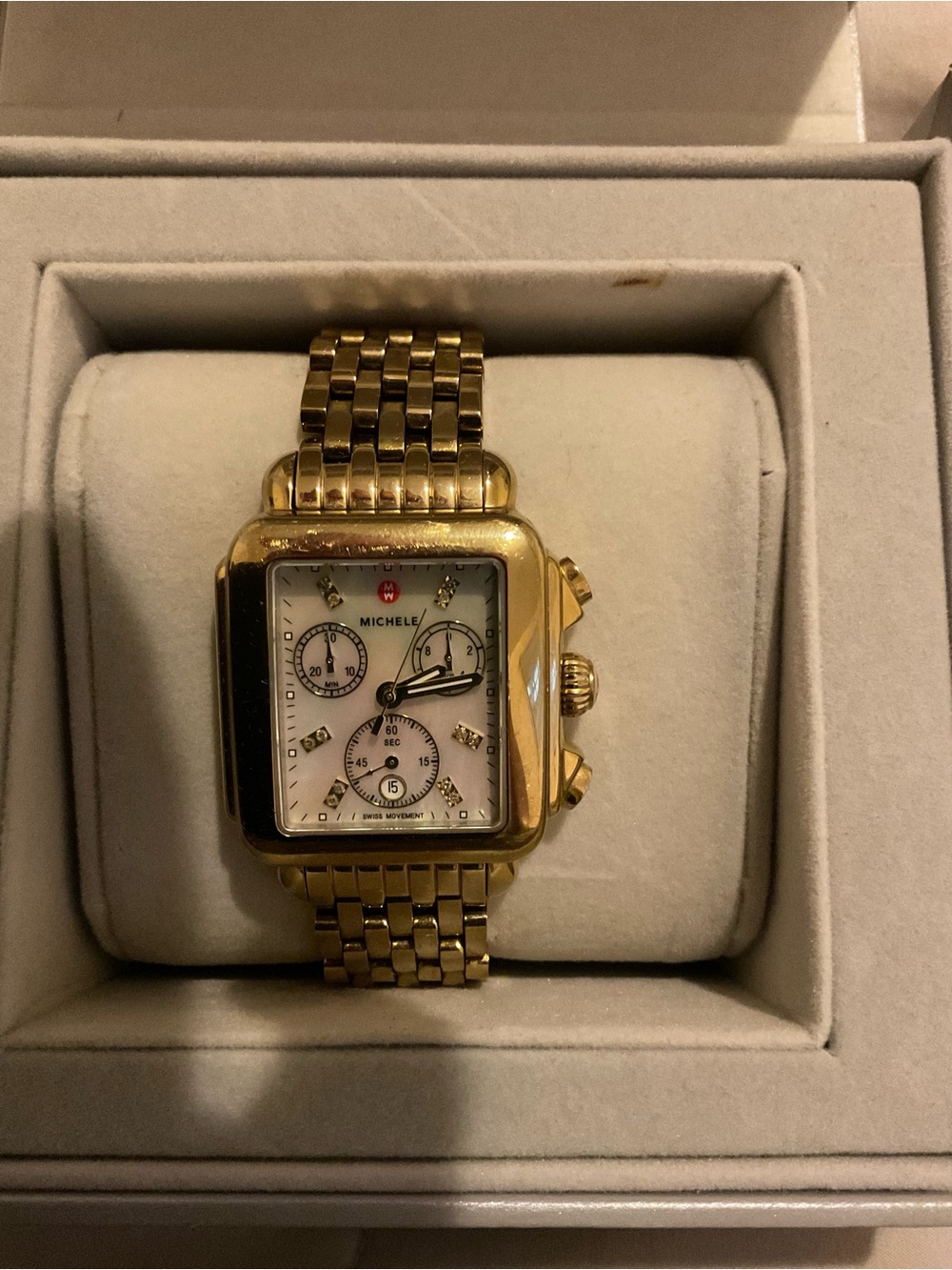 Michele Gold-Plated Square Watch with Mother-of-Pearl Dial and Diamonds - Picture 2 of 6